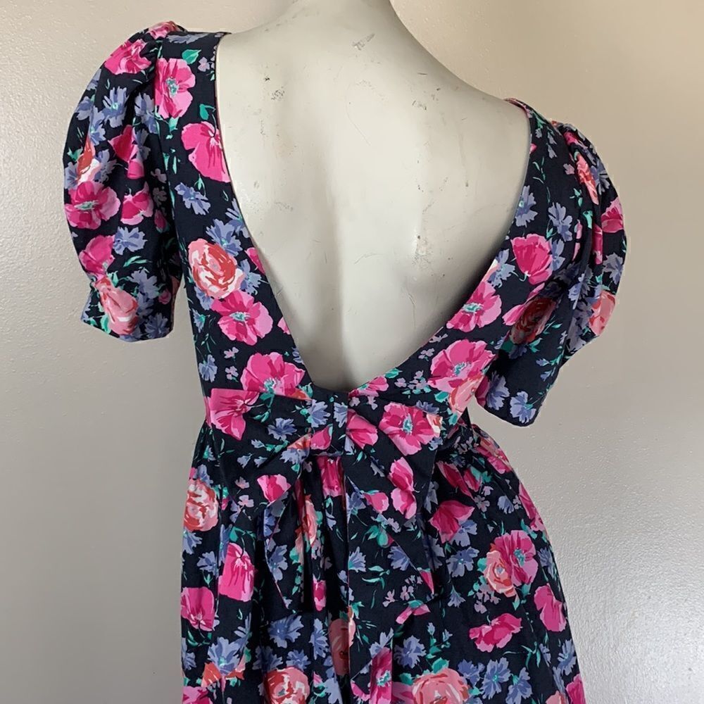 Laura Ashley Floral Midi Dress Puff Sleeves bow & Open plunging Back sz 10 prom - Picture 10 of 16